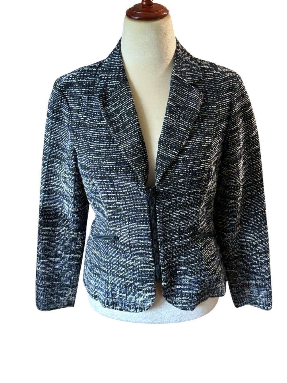 CAbi Lightweight Black/Blue/White Tweed Blazer - Size 10